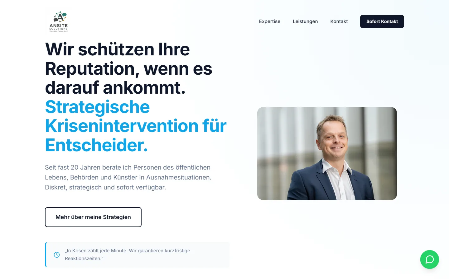 Startseite von Ansite Solutions mit der Überschrift Wir schützen Ihre Reputation, wenn es darauf ankommt.