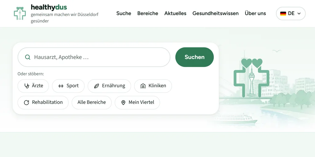 Startseite von healthydus: Kopfzeile mit Bereichen und Sprachwahl, Suchfeld für Hausarzt oder Apotheke und Stöber-Knöpfe für Ärzte, Sport, Ernährung und Kliniken.