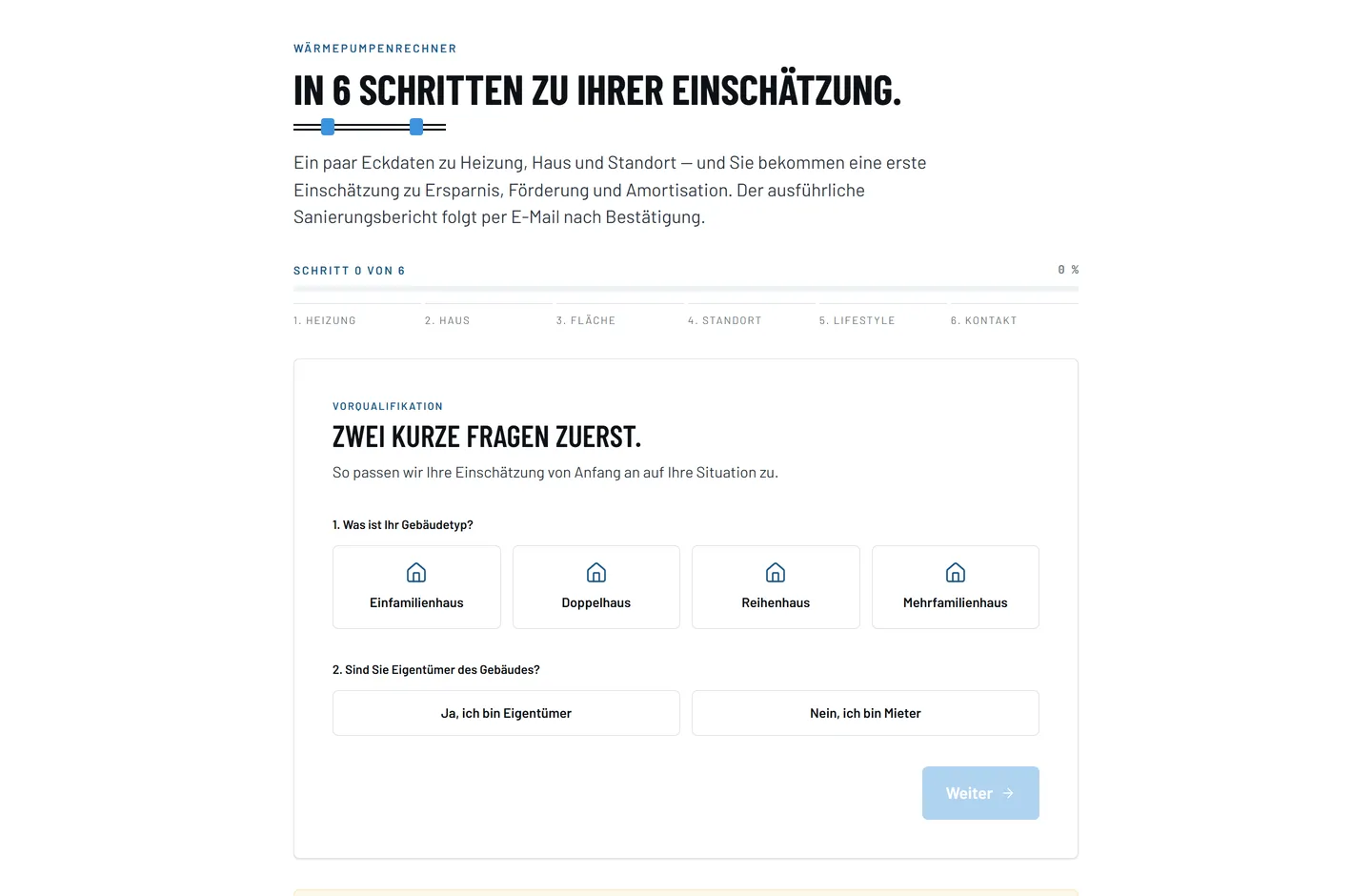 Der Wärmepumpenrechner auf sanibrueder.de: Fortschrittsleiste mit sechs Schritten von Heizung bis Kontakt, darunter die Vorqualifikation mit Gebäudetyp und Eigentümerfrage.